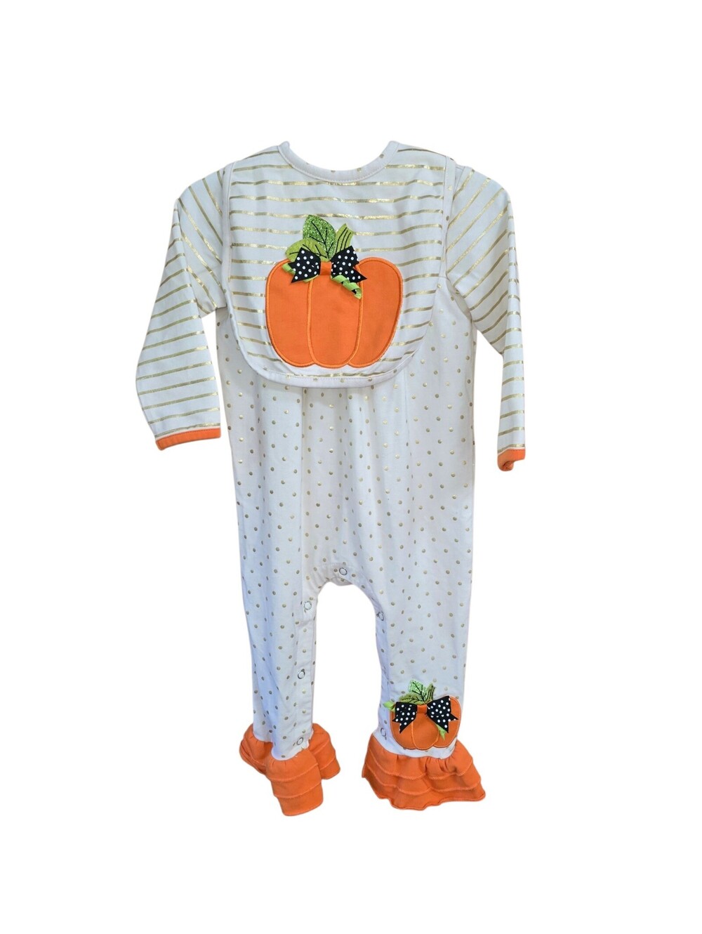 Rare Editions Baby Girl 18M Pumpkin Romper & Bib Fall Thanksgiving Ruffle Outfit